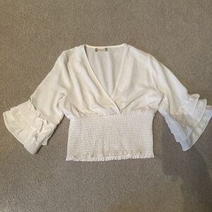 Altar'd State Cream Smocked Waist V-Neck Ruffle Sleeve Blouse